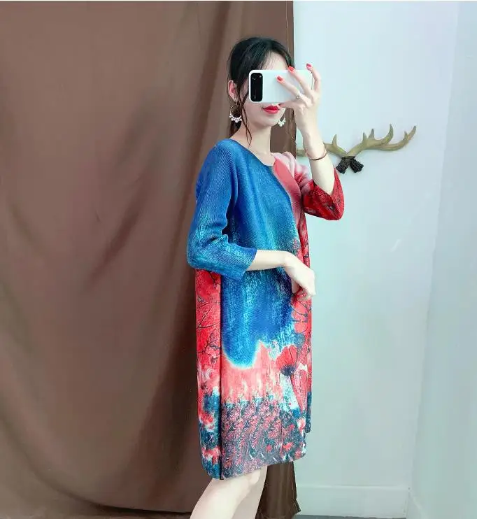 Miyake плиссированное платье большого размера модное вышитое осеннее свободное платье