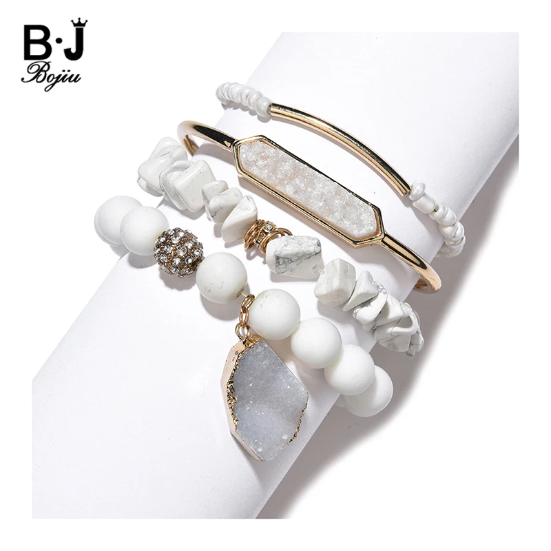 

Natural Stone Beads Bracelets Set For Women 2020 Howlite Crystal Quartz Druzy Charm Bracelet Open Cuff Bangles Jewelry BCSET303