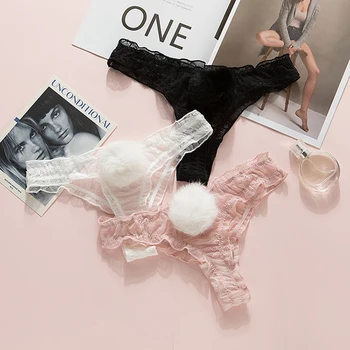 

Japanese Sexy G String Thong Women Cute T Back Panties with Removable Hair Ball Sexy Low-waist Lace Transparent Panties Lingerie