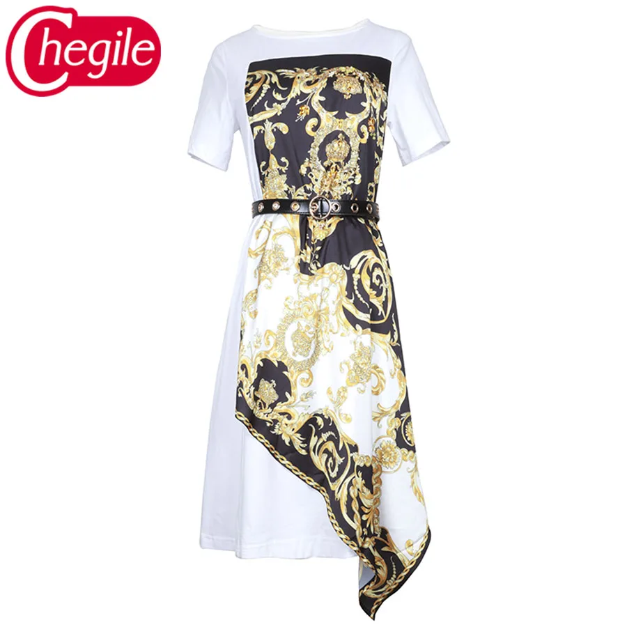 

New Vintage Women Dresses 2019 Summer European Short Sleeve Printed Patchwork Belt Irregular Runway Dress