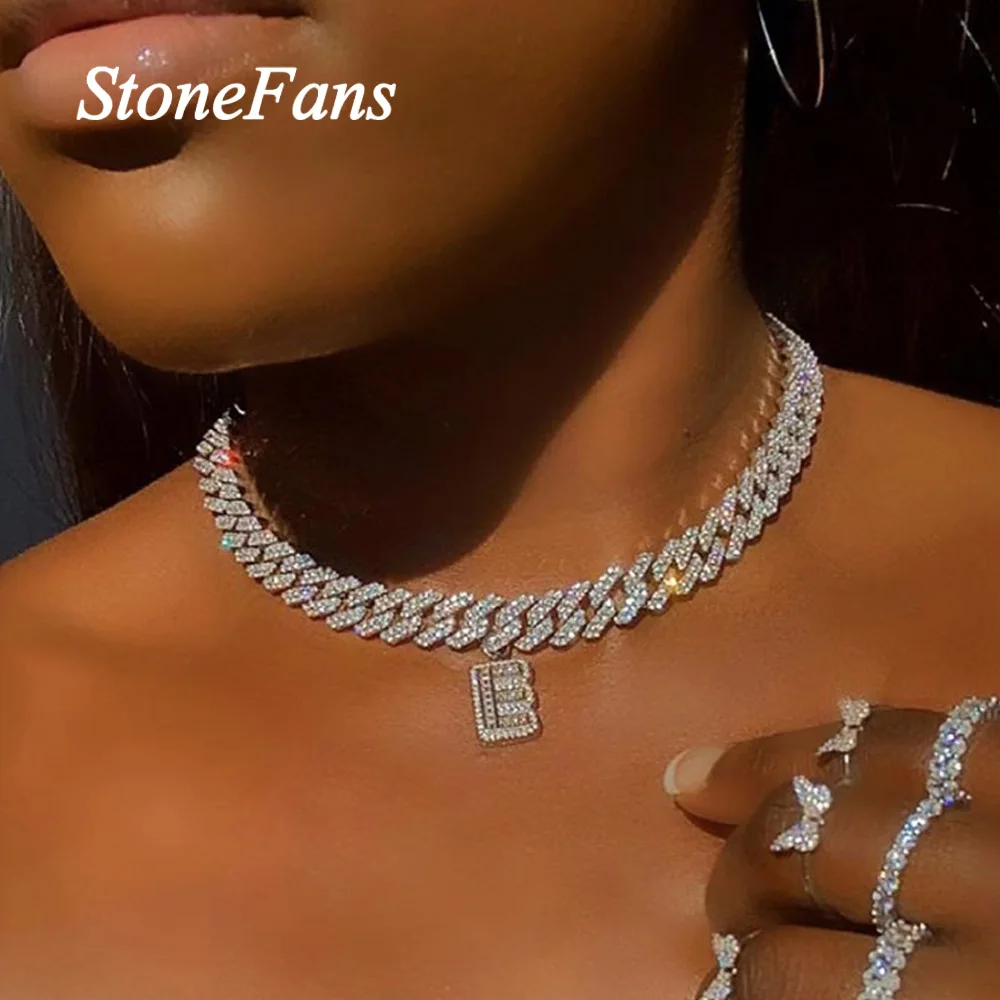 Stonefans 26 Initial Baguette Letter Necklace Stainless Steel for Women Miami Iced Out Cuban Link Chain Pendant Necklace Jewelry