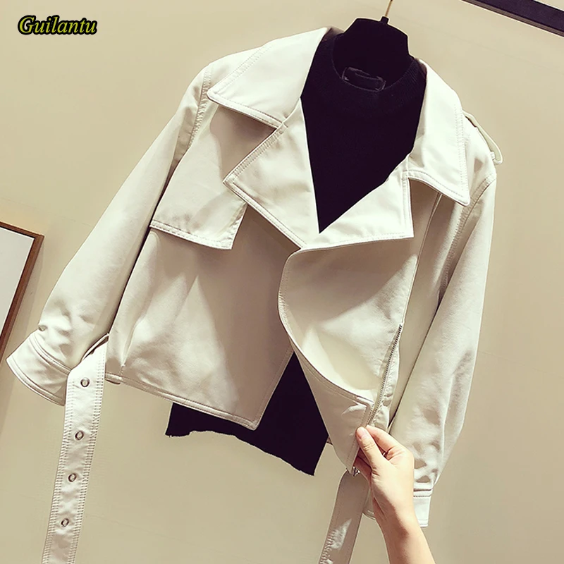 

Guilantu 2020 Spring Autumn Faux Leahther Jacket Women Turn-down Collar Nine Points Sleeve Loose Streetwear Motorcycle Coat