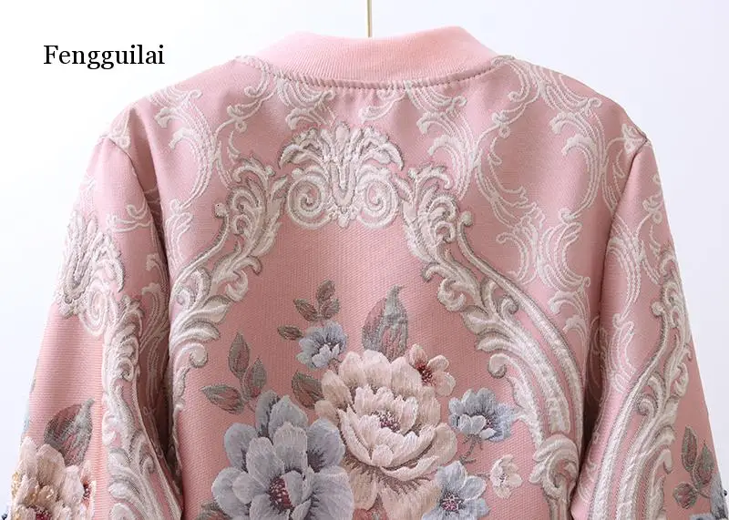 Primavera e Outono Gola de Manga Nova Retro Tribunal Jacquard Bordado Pesado Indústria Frisado Longa Jaqueta Beisebol 12 Jaquetas básicas