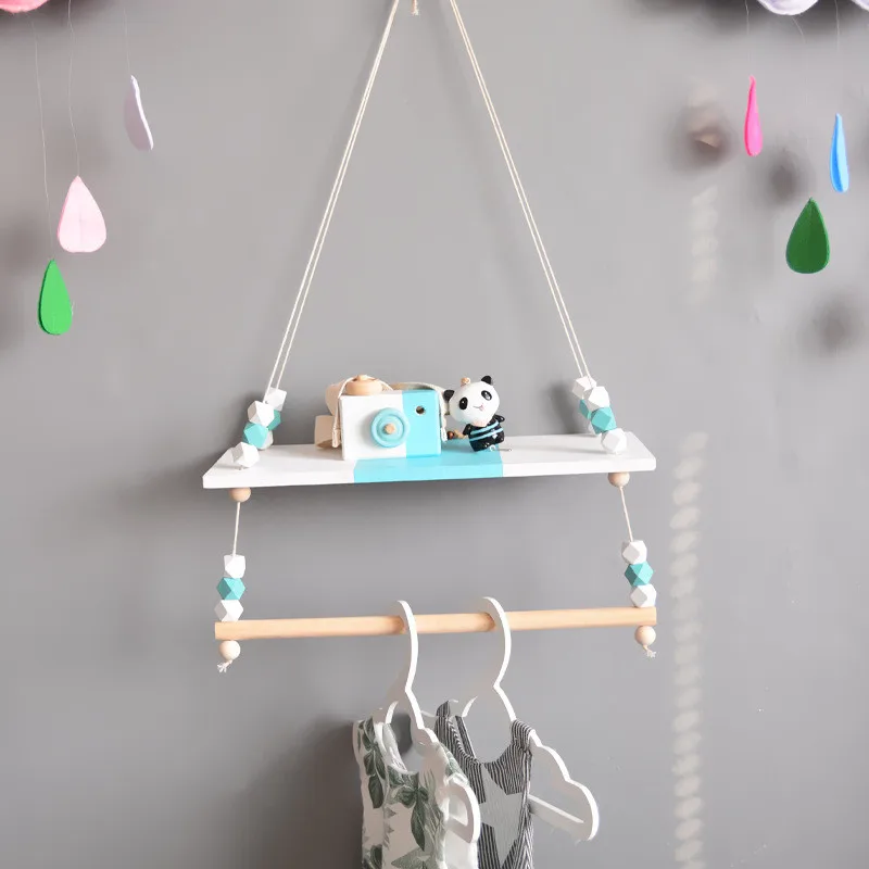 

Nordic Children Room Decorative Storage Rack Double Wooden Bead Tassels Shelves Wall Rope Hanging Shelf Home Hook Kids Coat Rack