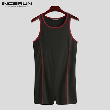 

INCERUN Fashion Men Playsuit Pajamas Sleeveless Patchwork Fitness Homewear Romper O Neck Workout Cozy Men Bodysuit Summer Shorts