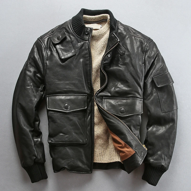 

2019 Winter Warm Genuine Leather Down Jacket Men's Vegetable Tanning Sheep Skin Coat Classic Vintage Stand Collar Russia Jacket.