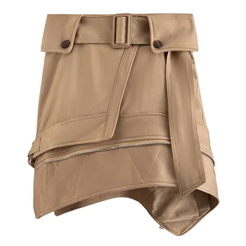 

WOMENGAGA 2020 Summer New High Waist Tooling Zipper Stitching Irregular Sashes A-line Skirt Women Solid Girl Female A994
