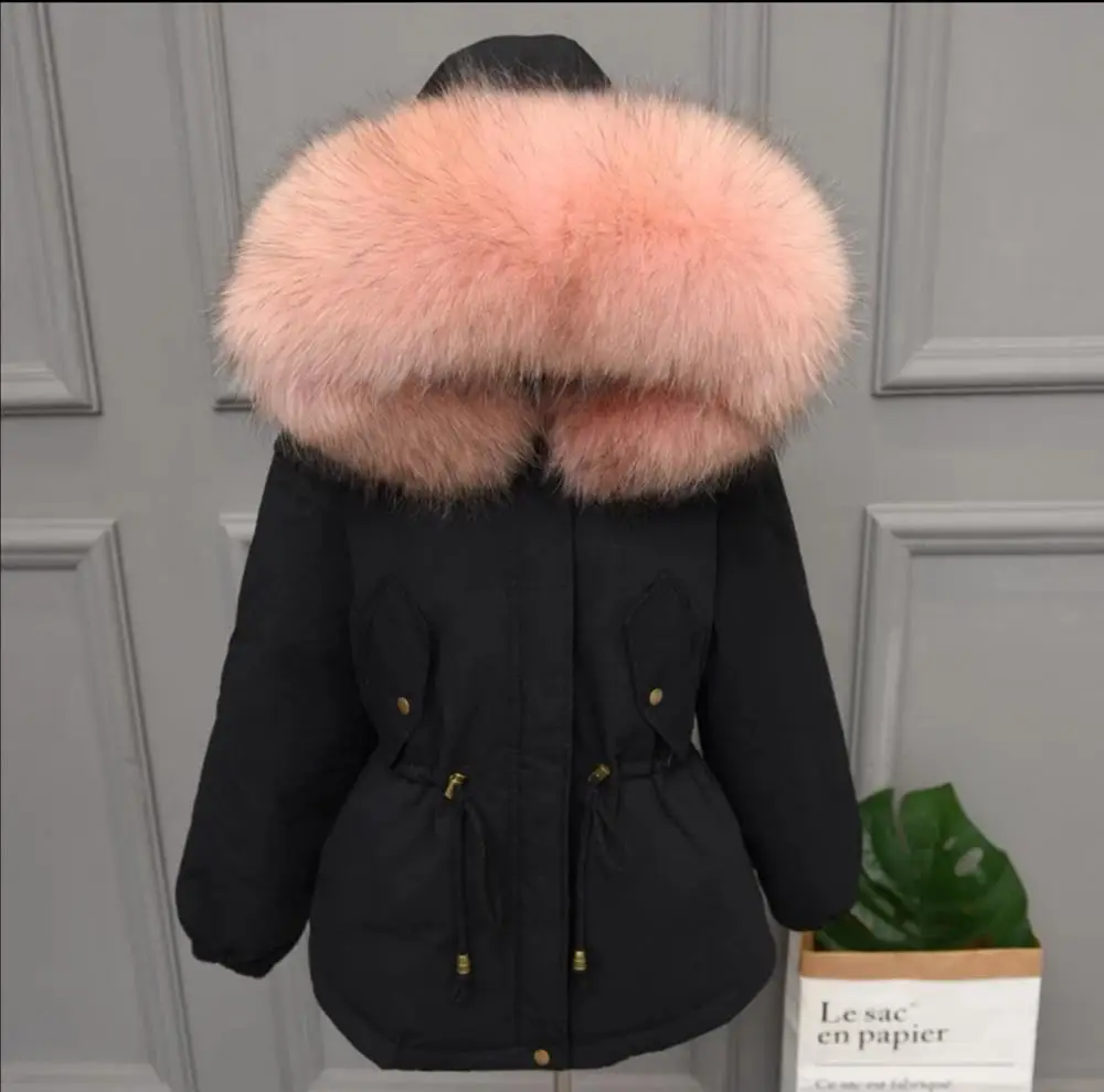 Зимнее женское черное пуховое пальто с воротником из меха енота, Рождественская куртка с капюшоном, верхняя одежда, рождественский подарок - Цвет: Розовый