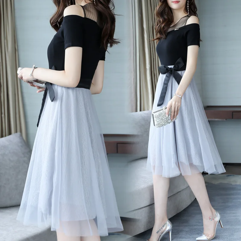 

2019 New Style Joint off-Shoulder off-Shoulder Dress Women's Summer Slim Fit Stripes Mid-length Contrast Color Gauze Skirt