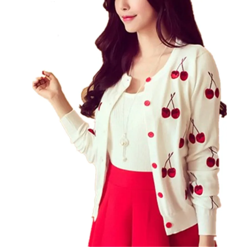 Hot Autumn spring women Sweater cherry Embroidery Pattern Cardigan lady jacket coat Long Sleeve Short Knitting White |