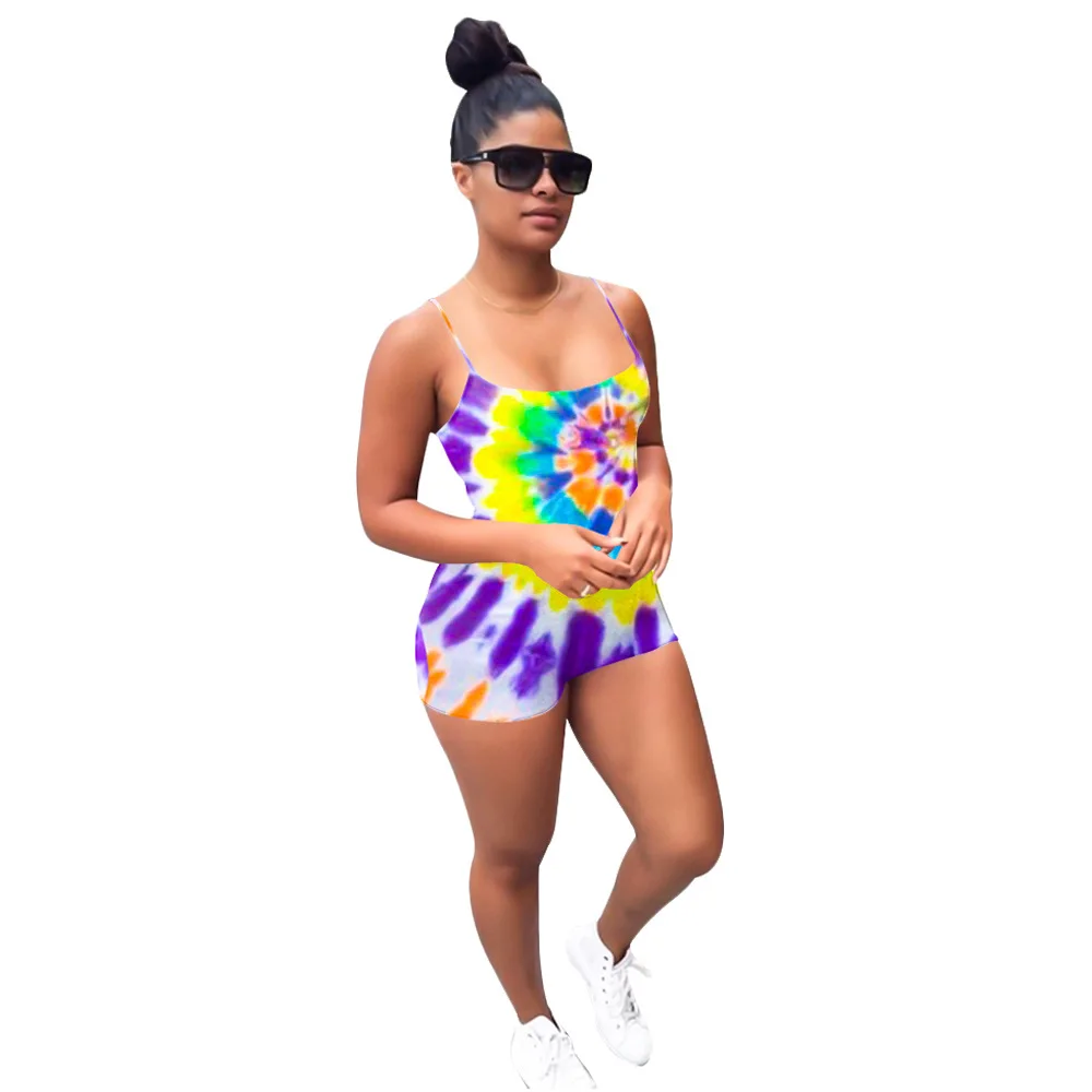 Adogirl Sexy Women Tie Dye Print Jumpsuit Sleeveless Backless Bodycon Short Tank Bodysuit Fashion Casual One Piece Outfits