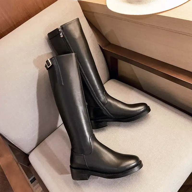 Черный krazing pot Winter round toe cow leather buckle fasteners superstar long boots keep warm med heel riding thigh high boots l72 - Цвет: Черный