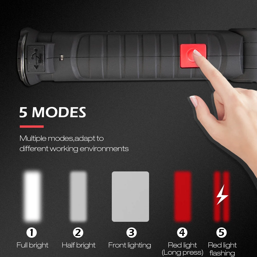 Светодиодный светильник-вспышка с зарядкой от USB, 5 светильник, портативный Рабочий светильник, COB светодиодный Мощный контрольный светильник, уличный походный фонарь светильник