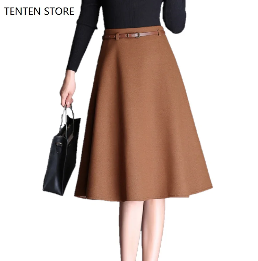 

Fall winter 2019 women woolen midi skirts women high waist plus sizes casual a line short thick skater skirts belt black brown