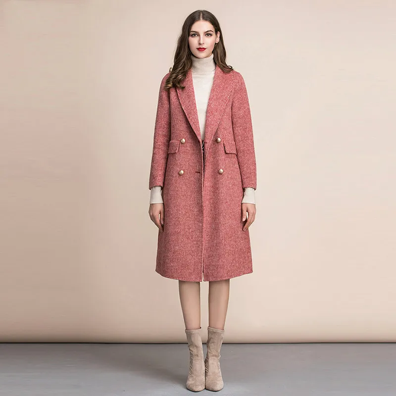 Чистая шерсть женское осенне-зимнее пальто двубортное Eleghant над пальто длинное пальто Vestidos с карманом - Цвет: Красный