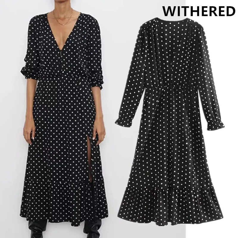 

Withered england elegant vintage polka dot vneck forking midi dress women vestidos de fiesta de noche vestidos maxi dress blazer