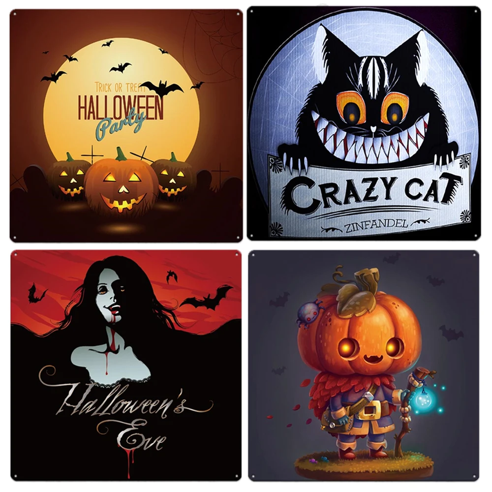 

Halloween Party Metal Tin Signs Plate Horror Pumpkin Crazy Cat Witch Retro Tinplate Plaque Haunted House Decoration Poster 30x30