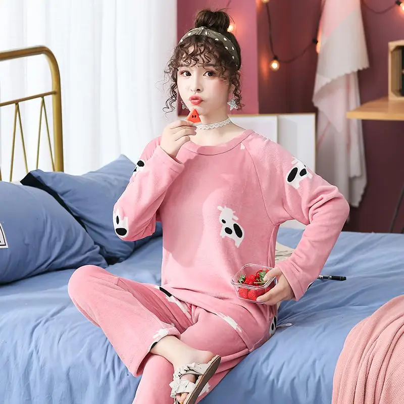 2PCS Cartoon Lovers Pajamas Suit Winter Flannel Coral Fleece Women&men Pyjamas Set Thicken Sleepwear Lounge Warm Soft Sleepwear - Цвет: Women4