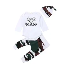 Комплект одежды для новорожденных мальчиков, одежда для маленьких детей хлопковый боди с длинными рукавами+ камуфляжные штаны+ шляпа, одежда для маленьких мальчиков, 3 предмета, 0-18 месяцев