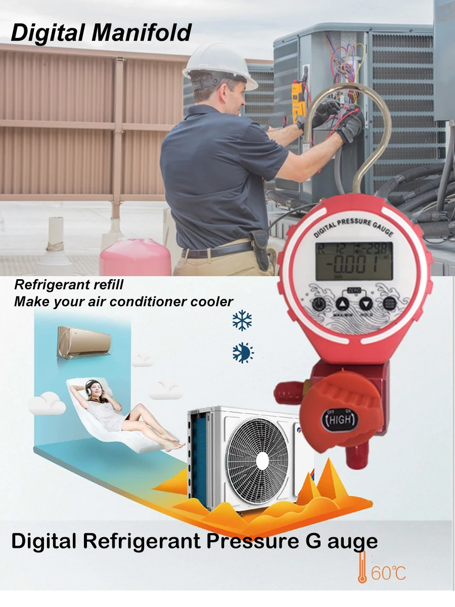 Pressure Gauge Manifold Refrigeration Manifold Tester Meter Digital Vacuum Pressure HVAC Temperature Tester Freon Pressure