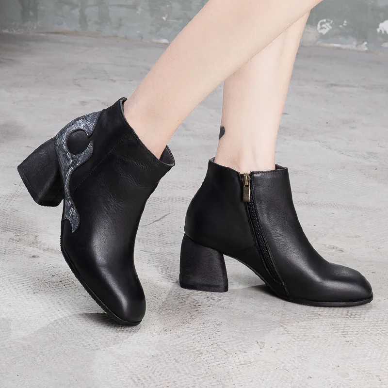 

Tenige 2020 Square Genuine Leather Short Snake Pattern Thick Gao With Female Head Layer Cowhide Single Boots