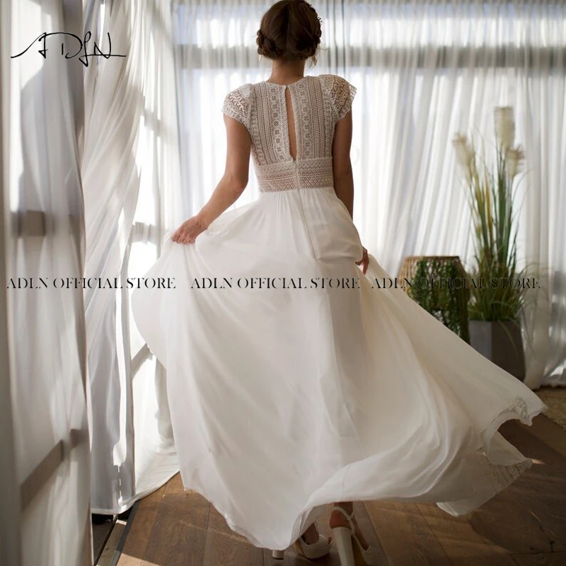 Exquisite Bohemian Wedding Dress Cap Sleeves Customized Boho Lace Bride  Chiffon A Line Beach Bridal Gown Customized Size 6