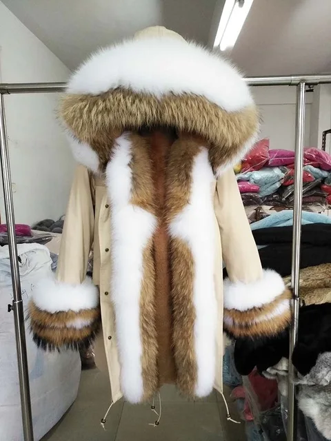 Новая длинная парка, пальто из натурального меха, зимняя куртка для женщин, натуральный мех енота, Лисий меховой капюшон, воротник, манжеты, толстая теплая верхняя одежда - Цвет: 25