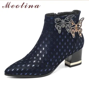 

Meotina Winter Sheepskin Ankle Boots Women Natural Genuine Leather Thick High Heel Short Boots Crystal Zipper Shoes Lady Fall 42