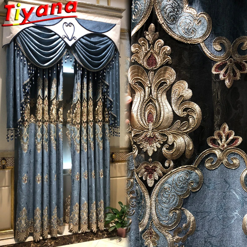 

European Luxurious Geometry Embroidery Tulle Curtains for Living Room Grey/Blue Semi-Blackout Window Drapes Bedroom Hotel#RX