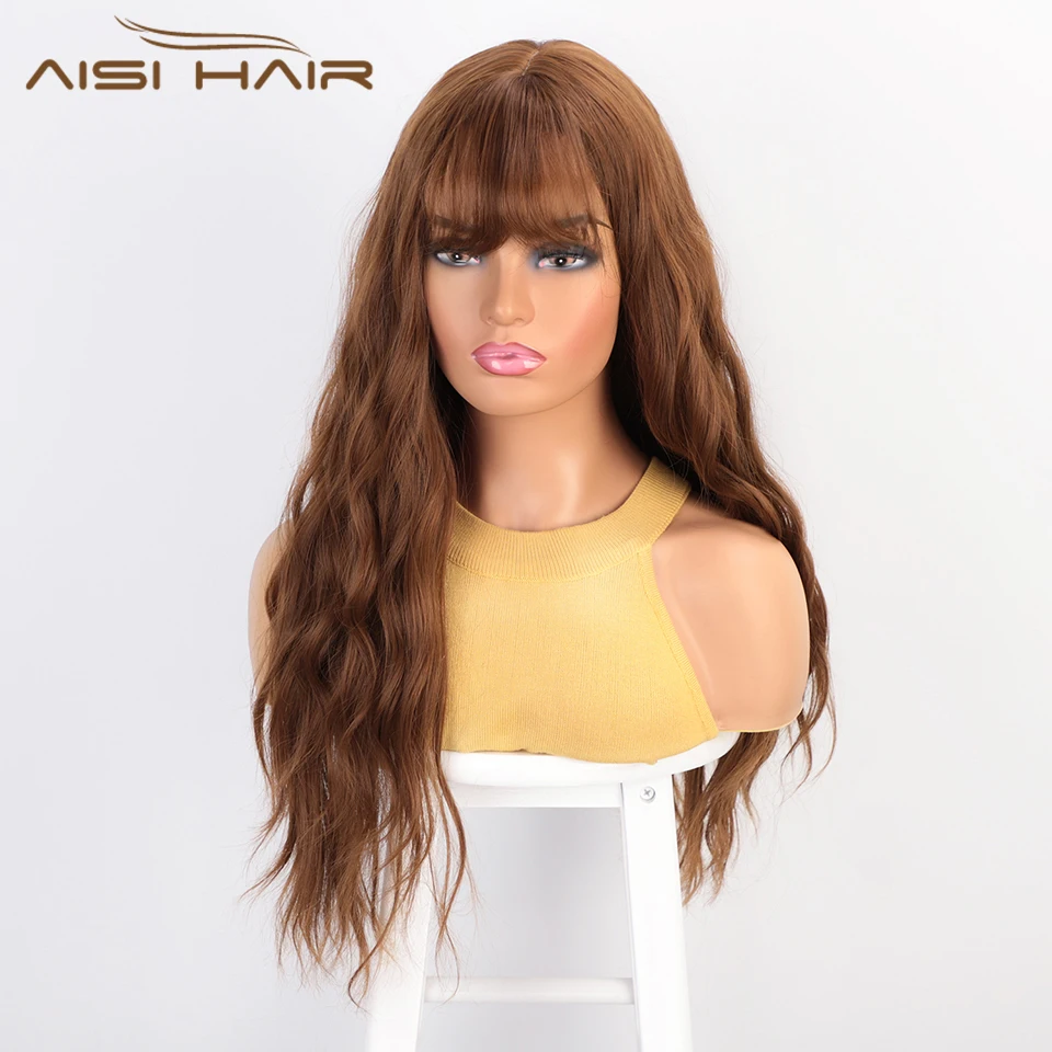 AISI HAIR длинный волнистый коричневый парик с челкой синтетические волнистые