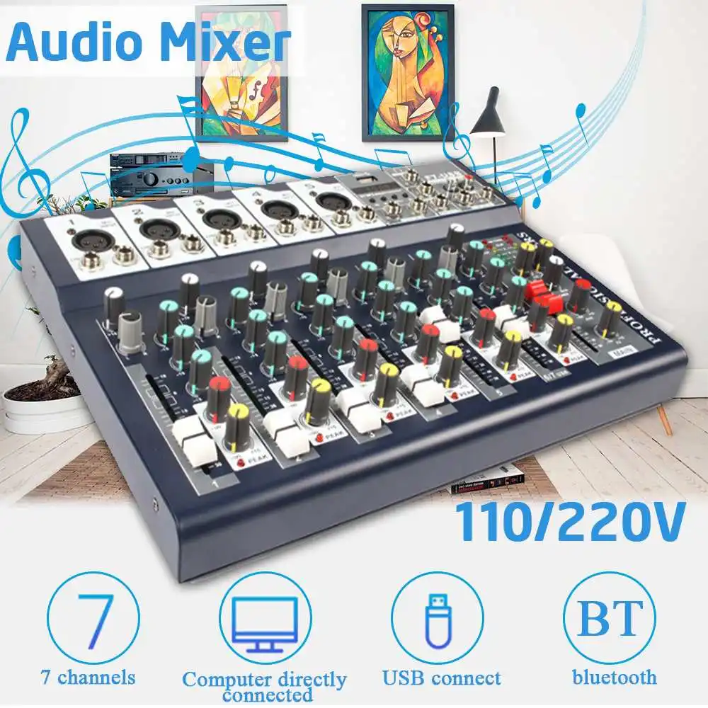 

110V/220V 7 Channel bluetooth Audio Mixer USB Digital Microphone Sound Mixer Console Professional Karaoke Audio Mixer Amplifier
