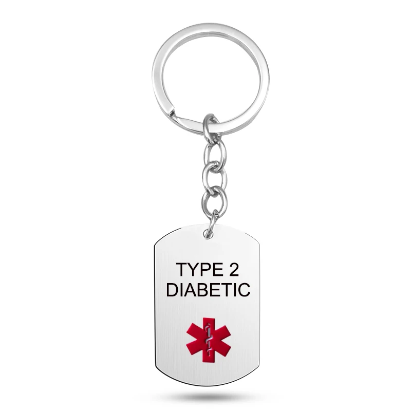Stainless Steel Red Medical Alert Key Chain Engraved Diabetic Tag Keychains Keyring Accessories