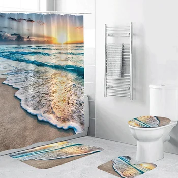 

Bathroom Shower Curtain+Non-Slip Bath Mat Pedestal Toilet Seat Cover Lid Rug 4PCS Bathroom Set