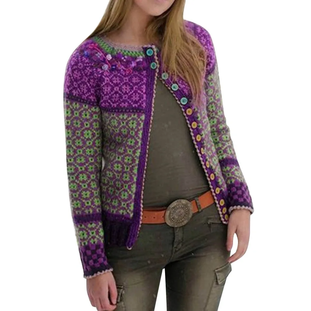 Зимний женский разноцветный кружевной кардиган с принтом и пуговицами, длинный рукав, длинное пальто размера плюс, Женское зимнее пальто#35 - Цвет: Purple