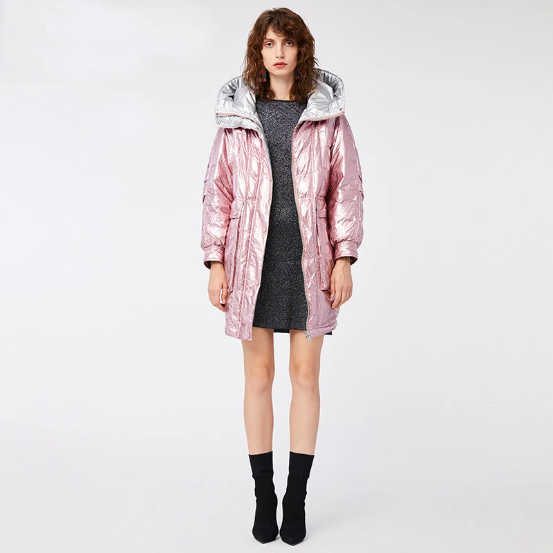 new women winter medium-long down jacket bright bread coat with silver interior windproof paded outerwear with large pocket