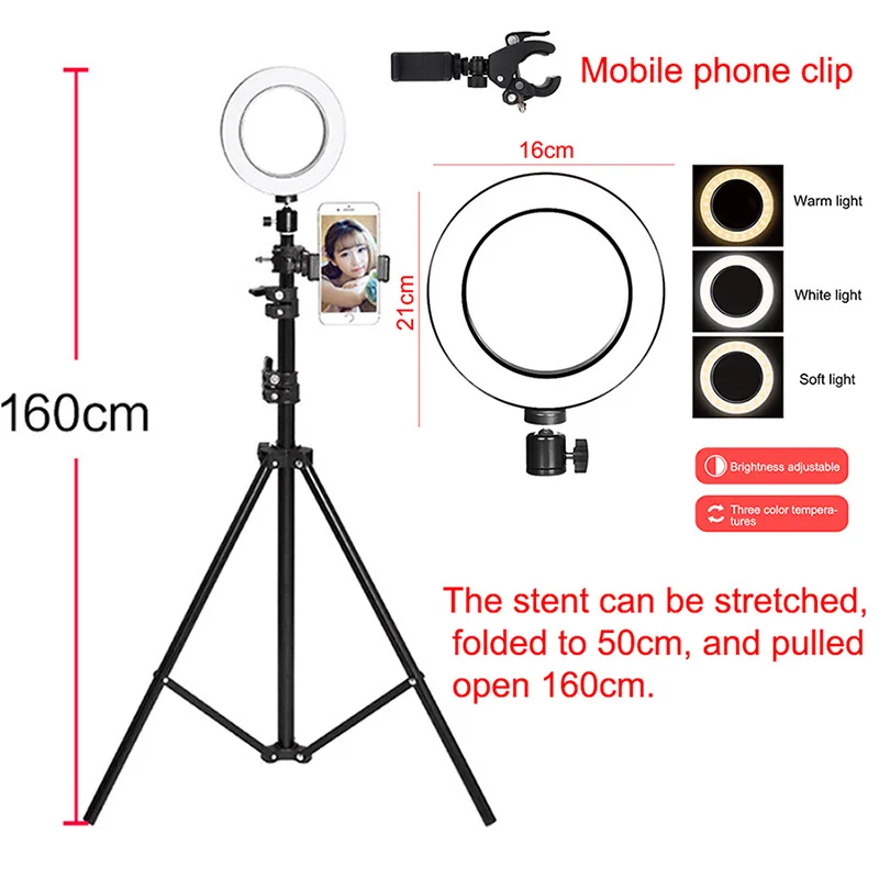 Затемняемый Светодиодный кольцевой светильник 16 см 5 Вт фотостудия камера кольцевая лампа заполняющая свет для видео Live Youtube макияж селфи с штативом - Цвет: 160cm tripod kit