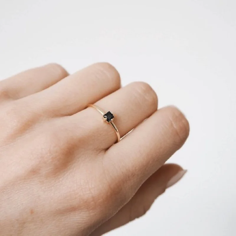 Women Engagement Ring Black Stone Minimalist Gold Stacking Dainty Single Stone 925 Silver silver ring silver rings