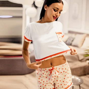 

HECHAN Knitted Print Love Heart Women Pajama Set Shorts Home Clothes O Neck Loungewear Crop Top Pocket Casual Sleepwear Homewear