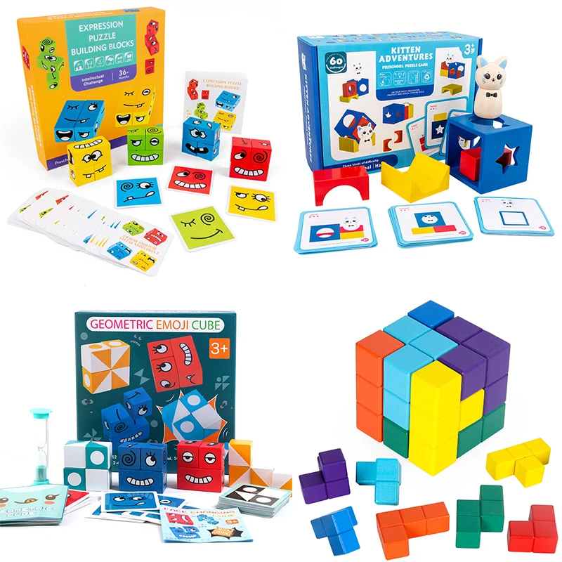 

Children Montessori 3D Wooden Building Blocks Expression Magic Cube Match Materials Learning Children Toys Parent-child Gifts