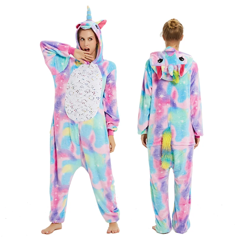Пижамы с единорогом Kigurumi, зима, для взрослых, Ститч, Лев, тигр, комбинезоны, одежда для сна, комплекты с единорогом, для женщин, мужчин, унисекс, фланелевые комбинезоны - Цвет: Colorful Pegasus