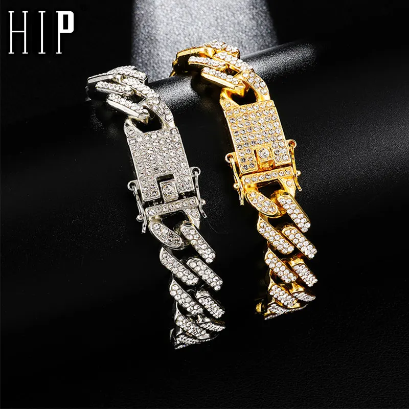 Hip Hop 13MM Bling Iced Out Full Rhinestone Bracelet Geometric AAA CZ Stone Cuban Chain Bracelets For Men Jewelry