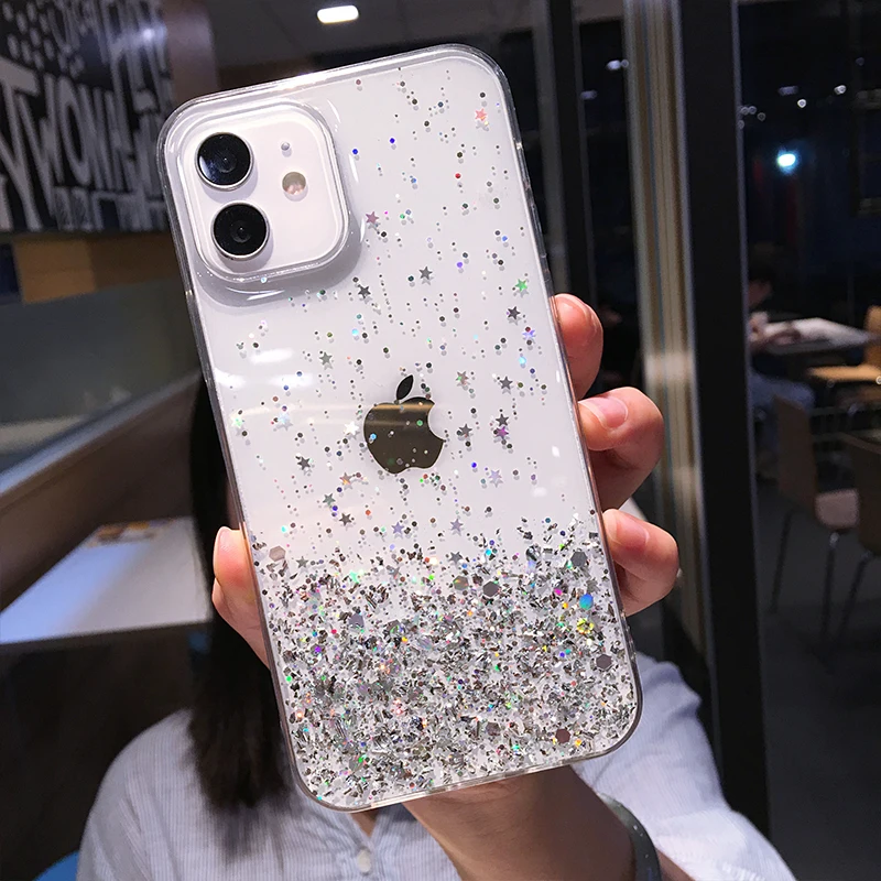 Luxury Glitter Star Sequins Bling Clear Phone Case For iPhone 13 Pro Max 12 Mini 11 XS XR X 7 8 Plus Transparent Soft Back Cover
