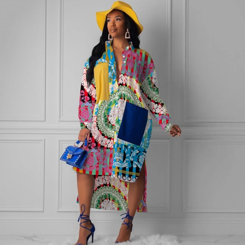 Kopen Bloemenprint Jurk Vrouwen Casual Office Dames Lente Herfst Jurken Boho Afrikaanse Elegant Gedrukt Lange Mouwen Fall Shirt Jurk