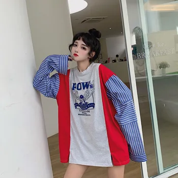 

Ladies mid-length split eagle striped long sleeves contrast color stitching fashion fake two-piece T-shirt women
