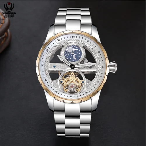 Полностью автоматический механизм полые мужские tourbillon из нержавеющей стали водонепроницаемые подарочные часы - Цвет: 5