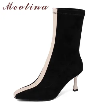 

Meotina Mid-Calf Boots Women Shoes Genuine Leather High Heel Boots Square Toe Stiletto Heels Ladies Boots Autumn Black Beige 39