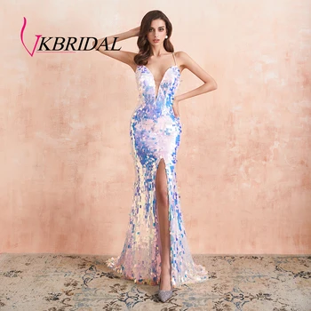 

Vkbridal Sexy High Slit Evening Dresses Long Rainbow Sequin Cross Back Prom Dress Long Backless Mermaid Party Gowns 2020 New