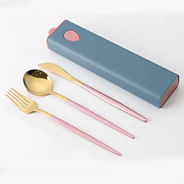 3PCs/4PCs Glossy Stainless Steel Tableware Spoon Fork Knife Straw Reusable Travel Cutlery Set Camp Utensils Set Portable Case C-Pink Gold