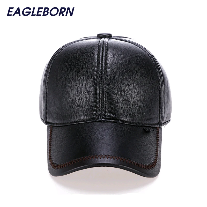 Мода 2017 г. кожа Бейсбол Кепки Мужчины Сгущает осень зима Шапки с ушками 6 Панель