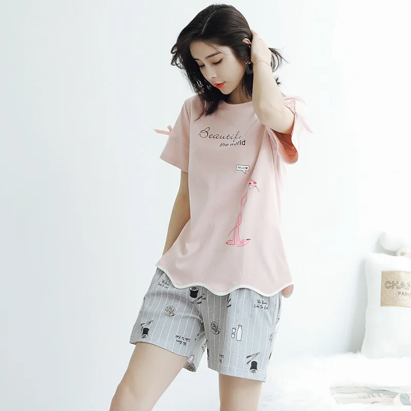 

According to Feminine 2211 Short Sleeve Pure Cotton Pajamas Women's Summer New Style 2019 Set Crew Neck Tracksuit Cute Cartoon
